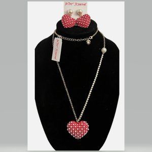 Betsey Johnson Pearl & Crystal Heart Earrings & Necklace ROMANTIC NEW Valentine
